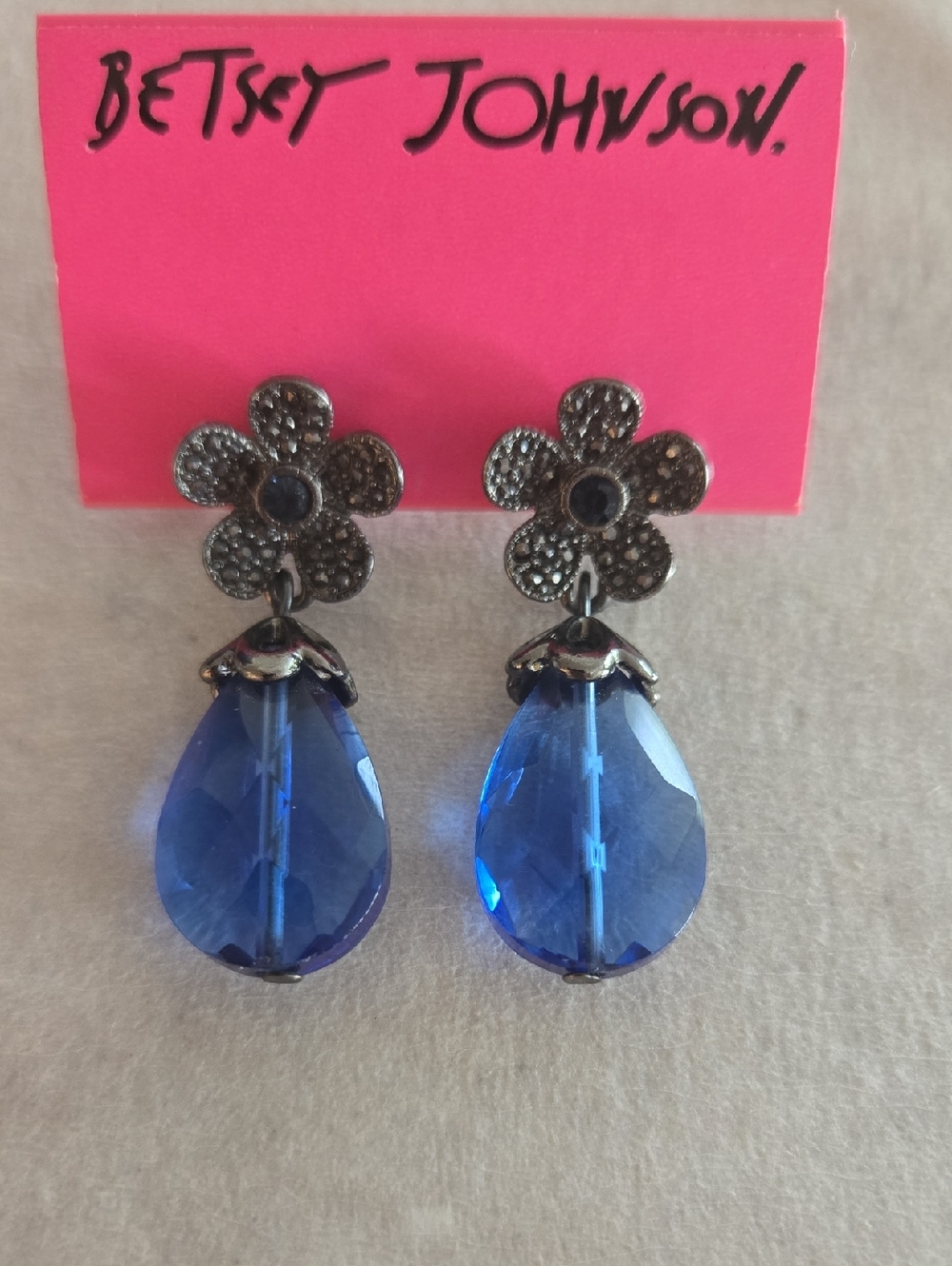 Betsey Johnson Royal Blue Teardrop Flower Drop Earrings